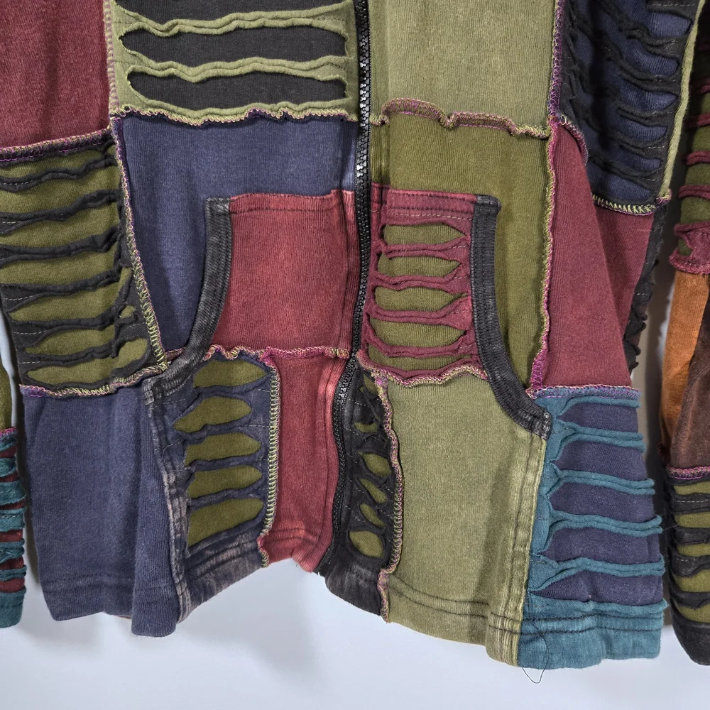 Bohemian Patchwork Zip Hoodie Jacket Made in‎ Nepal 100% Cotton XL